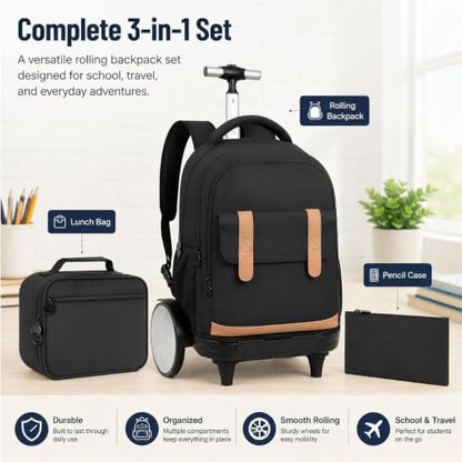 KLFVB Rolling Backpack with Big Quiet-Glide Wheels, 3-in-1 Wheeled Commuter Set with Lunch Bag | Water-Resistant Roller Bag for Men & Women, Work, Travel, School - Black