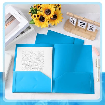 Gueevin 72 Pack Plastic Folder with Pockets, 2 Pocket Folders, Plastic Glossy Folders Fit Letter Size Paper, Heavy Duty Durable File Folder with Business Card for Home Office School (Lake Blue) - color: Lake Blue