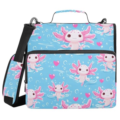 3 Ring Zipper Binder Axolotls Blue Hearts Large Capacity 500 Sheets Zip Up Binders Expanding File Folder Bag Multi Pockets School Office Binder Organizer - color: Axolotls