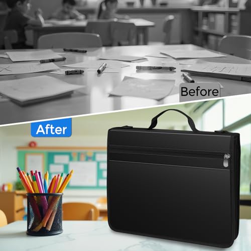 KTRIO 3 Ring Zipper Binder, 12 Tab Expanding File, 300 Sheets, Black | Durable Fabric Cover, 12 Tab Expanding File, 300 Sheet Capacity, Zipper Storage, Handle & Shoulder Strap