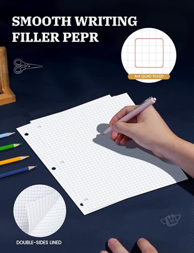 260 Sheets Loose Leaf Paper, 4x4 Graph Ruled, 8''x 10.5'' Filler Paper, 3-Hole Punched Binder Paper, Quad Ruled Graph Paper 8 x 10-1/2, Quadrille Graph Paper Loose Leaf Bulk with 3-Ring for Binder - style: 8x10.5-Squared-4x4-2 Pack (260 Sheets)