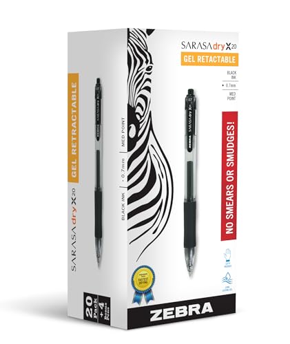 Zebra Pen Sarasa Dry X20 Retractable Gel Pens, 0.7mm Medium Point, Black Ink with Rapid Dry Ink Technology, Ideal for the Left-Handed, Eliminates Smudging and Smearing in Seconds, 24-Pack (14680) - color: Black C