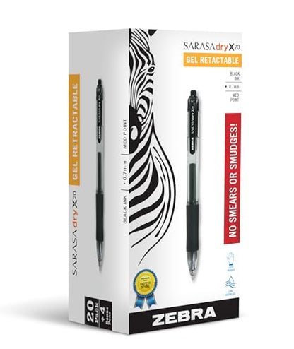 Zebra Pen Sarasa Dry X20 Retractable Gel Pens, 0.7mm Medium Point, Black Ink with Rapid Dry Ink Technology, Ideal for the Left-Handed, Eliminates Smudging and Smearing in Seconds, 24-Pack (14680) - color: Black C