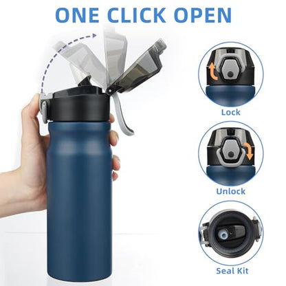 BJPKPK Insulated Water Bottle 18oz Stainless Steel Water Bottles with Straw and Carry Handle Double Wall Metal Thermal Flask,Navy Blue - color: A-Navy Blue, size: 18 Ounces