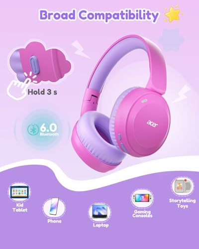Acer Kids Bluetooth Headphones, 85/94dB Volume Limiter, Foldable Wireless Over-Ear Headphones for iPad, Travel, 60H Playtime, Bluetooth 6.0, Built-in Mic, Pink - color: Pink