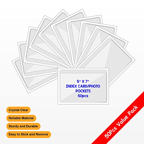 IMAGAME Clear Adhesive Index Card Pockets, 5" x 7", 50 Pack | Top Open for Loading, Plastic Labels Holders, For Storage Bins and Library Card, Organizing and Protecting Cards or Photos - size: 5-5/8" x 7-5/16" for 5" x 7" Cards/Photos