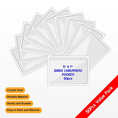 IMAGAME Clear Adhesive Index Card Pockets, 5" x 7", 50 Pack | Top Open for Loading, Plastic Labels Holders, For Storage Bins and Library Card, Organizing and Protecting Cards or Photos - size: 5-5/8" x 7-5/16" for 5" x 7" Cards/Photos