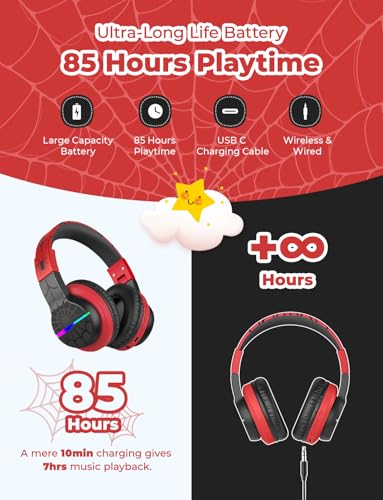 iClever BTH12 Kids Bluetooth Headphones,Colorful LED Lights,74/85dBA Safe Volume,85H Playtime,Fast Charging,Bluetooth 5.2,Over Ear Kids Headphones Wireles for iPad/Tablet/Airplane,Black/Red - color: Black/Red