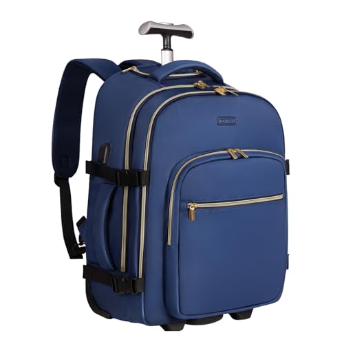 DEVPNR Rolling Backpack for Women, Travel Backpack with Wheels | 17 Inch Wheeled Roller Laptop Bag for Adults, Carry On Underseat Luggage for College Business Work Overnight Travel - color: Dark Blue