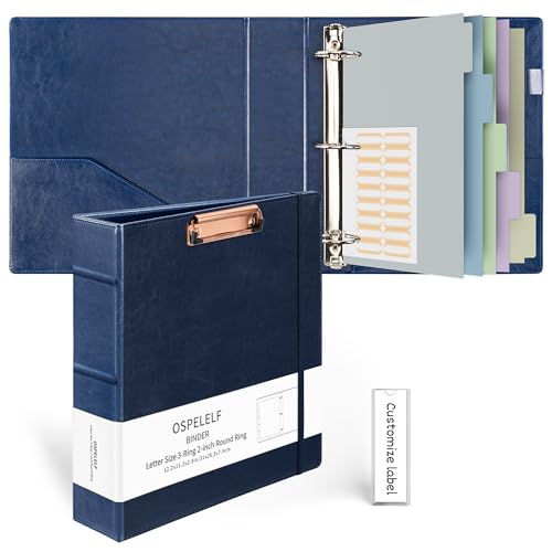 Ospelelf 3 Ring Binder With Clipboard - 2 Inch Vintage Leather Organizer for Letter Size (8.5" x 11"), Professional Dividers With 5 Tabs, Dark Blue - color: Dark Blue, size: Letter Size - 2 Inch
