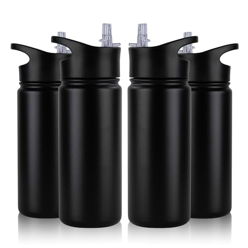 16 oz Insulated Water Bottle Bulk 4 Pack, Straw & Spout Lid, Keep Cold 24H, Spill Proof, BPA-Free, Double Wall, Stainless Steel Kids Water Bottles for School, Sports, Black - color: Black, size: 16 Ounces-4