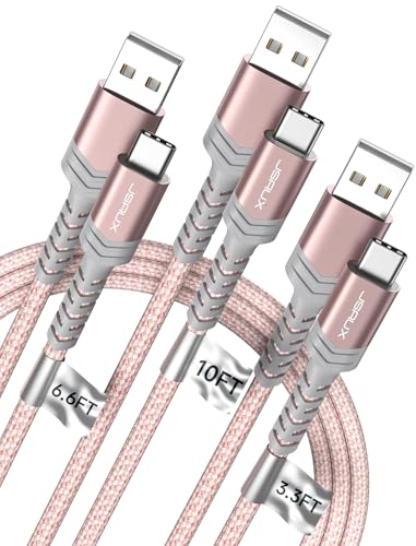 JSAUX USB to USB C Cable, USB C Cable for iPhone 17, 3-Pack (10+6.6+3.3FT) | USB Type C Charger Cord, Fast Charging for iPhone 17 16 Pro Max, Samsung Galaxy, iPad, Pink - color: Rose Gold, size: 3.3ft+6.6ft+10ft