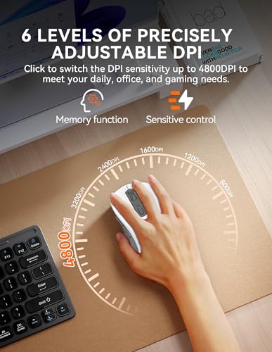 TECKNET Bluetooth Mouse, [ USB + BT1 + BT2 ] Wireless Mouse for Laptop, Silent Click, Ergonomic Design, 4800 DPI Computer Mice Wireless, Dual Mode for Laptop, Computer, iPad, MacBook - color: Grayish White
