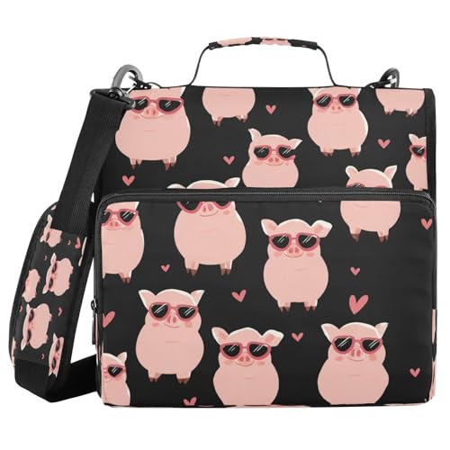 School Zipper Binder Cute Pig Black Cartoon Decor Trapper Keeper 3 Ring Binder Bag Multiple Pockets & Storage Organizer, 500 Sheet Capacity with Shoulder Strap
