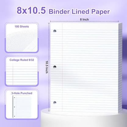 Loose Leaf Paper, 8x10.5 College Ruled, Notebook Paper with Holes, White Binder Notebook, 3 Hole Punch Paper, 100 Sheets/pack, 1 Pack - color: White, size: 8x10.5 College Ruled