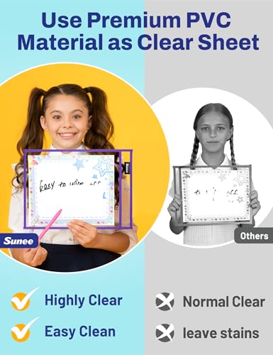 SUNEE 6 Packs Oversized Reusable Dry Erase Pocket Sleeves with Ring, Purple 10x14 Ticket Holders, Clear Plastic Sheet Protectors, Teacher School Classroom Supplies - color: Purple, style: 6 Pack
