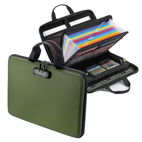 Fireproof Document Box with Lock, Hard-Shell Case Fireproof File Organizer with 13 Pocket Accordion File Folder, Portable Home Office Travel Safe Storage for Important Documents Laptop - color: Green