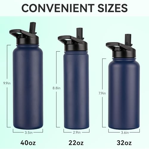 DOMICARE 40 oz Insulated Water Bottle, Vacuum Insulated Stainless Steel Sports Water Bottle with Straw Lid & Spout Lid, Leakproof, Reusable - Travel, Camping, Bike, Navy Blue - color: Navy Blue, size: 40 Ounces
