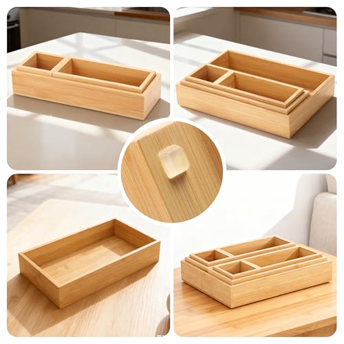 MapleGrace Bamboo Drawer Organizer Set, 14 PCS Wood Storage Organizers | Multi-Use Junk Drawer Divider, Storage Trays Containers for Kitchen, Bathroom, Office Desk, Makeup, Jewelry, Utensils - size: 14