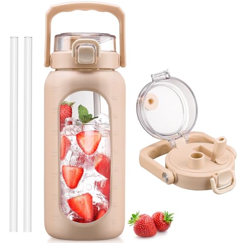 BLUEGO 64oz Glass Water Bottle with Handle and Straw, Motivational Sports Water Bottle with Time Marker and Silicone Sleeve Leakproof Drinking Bottle for Travel Gym Workout, Amber - color: Amber, size: 64 Ounces