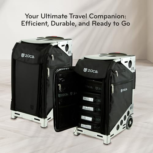 ZUCA Travel Cases for Artists & Professionals - Makeup Case with 4 Vinyl Utility Pouches, Travel Cover, 41" Telescoping Handle, Rolling Wheels & Sturdy Aluminum Frame for Makeup Artists and Creatives - color: Black w/ Silver Frame, style: Pro