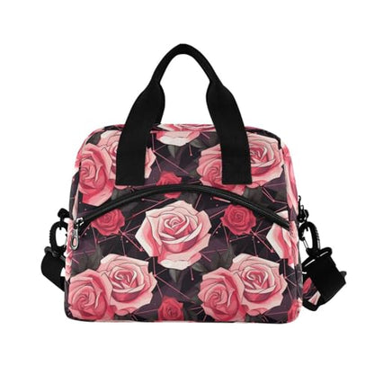 ALAZA Red Rose Geometric Insulated Lunch Bag Women Men Portable Reusable Cooler Lunch Tote Bag for Work Office Picnic College - color: Multi 01