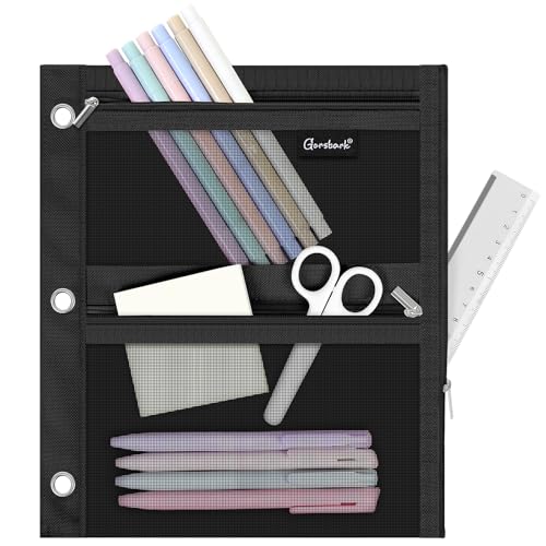 3-Ring Binder Pencil Pouch, Zipper Organizer with 3 Compartments, Mesh Window & Metal Grommets, Durable Oxford Pen Case for School Office Supplies Black - color: Black, size: Mesh