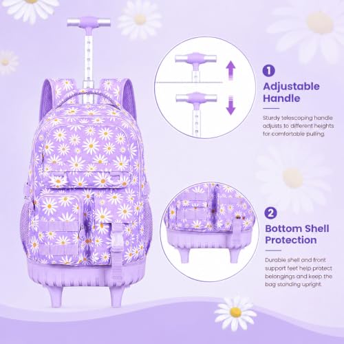 CCJPX Rolling Backpack for Girls, 3Pcs Roller Wheeled School Bookbag, Daisy Wheels Backpacks with Lunch Box for Kids (Purple) - color: Daisy Purple