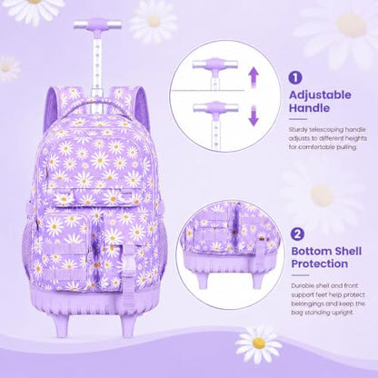 CCJPX Rolling Backpack for Girls, 3Pcs Roller Wheeled School Bookbag, Daisy Wheels Backpacks with Lunch Box for Kids (Purple) - color: Daisy Purple