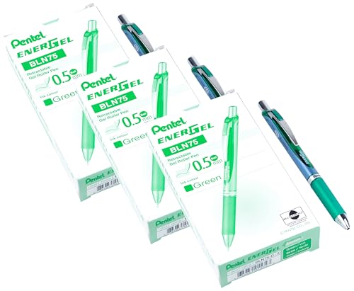 Pentel EnerGel Deluxe RTX Retractable Liquid Gel Pen, Fine Line, Needle Tip, Green Ink, Box of 12 (BLN75-D) (Pack of 3) - color: Green, size: 12 Count (Pack of 3)