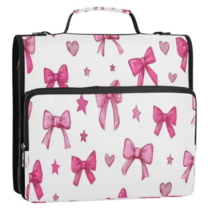 Caikeny 3 Ring Zipper Binder Pink Bows Hearts Stars 1.5 inch Binders Bag Expanding File Pockets with Shoulder Strap and Handle - color: Multicolored 1z83.8