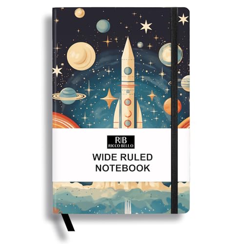 RICCO BELLO Wide Ruled Hardcover Diary Journal, Space Rocket | Bookmark, Band Closure, Storage Pocket, 5.7 x 8.4 Inches, 192 Pages - color: Space Rocket