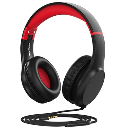 FosPower Kids Headphones with 3.5mm Laced Cables, Children & Teens Over The Ear Foldable Adjustable Headset w/Built-in Mic for Smartphones/PC/Tablet/Laptop/School (Max Volume 85dB) - Black/Red - color: 09 - Black/Red
