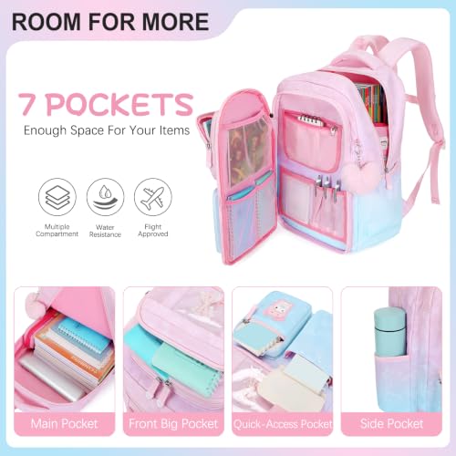 Jafeton Backpacks for Girls, Girls Backpack with Insulated Lunch Bag and Pencil Case for Kids Teens Elementary Middle High School Student, Cute Bow School Bag Travel Daypacks Book Bag Set - color: Pink Blue