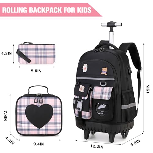 ACESAK Rolling Backpack for Girls - Roller Wheels School Bookbag with Lunch Bag & Pencil Pouch for Teen Girls Kids Wheeled Suitcase Backpacks, Elementary Middle School Travel Daypack (Black) - color: Black
