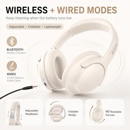 MIDOLA Bluetooth Headphones Over Ear, 68H Playtime Wireless Headphones with Microphone, 6 EQ Modes, HiFi Stereo Deep Bass, Foldable Lightweight Headset for Home Office, Cellphone, PC, White - color: Milk White