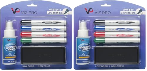 VIZ-PRO Dry Erase Marker Starter Set, Low-Odor Whiteboard Pens, Eraser and White Board Cleaner, Assorted Colors, 6-Piece Kit (Pack of 2) - size: 6 Count (Pack of 2)