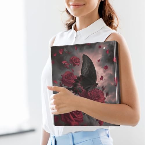 Dark Gothic Roses Black Butterfly Binder 3 Ring 1.5 Inch Binder with Clipboard&Pockets, Hardcover Binders Heavy Duty Large File Folder for Office School Supplies - Holds 200 Sheets - color: Dark Roses With Black Butterfly, size: 1 Pack-12.4x10.63in
