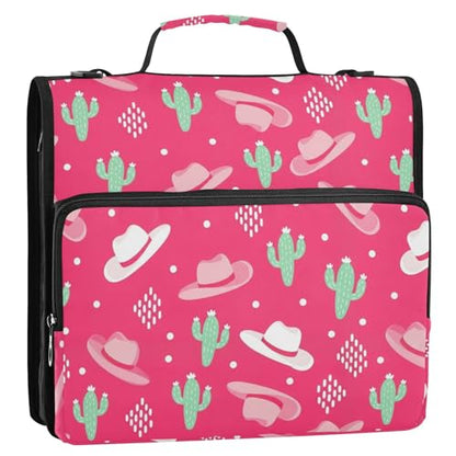 Cowboys Cowgirls Pink Pattern 3 Ring Zipper Binder with Shoulder Strap & Handle 1.5 Inch D-Ring Zippered Bag with Pencil Pouch, Expanding File Folder, Binder Organizer for School or Office - color: Cowboys Cactus Hat Red