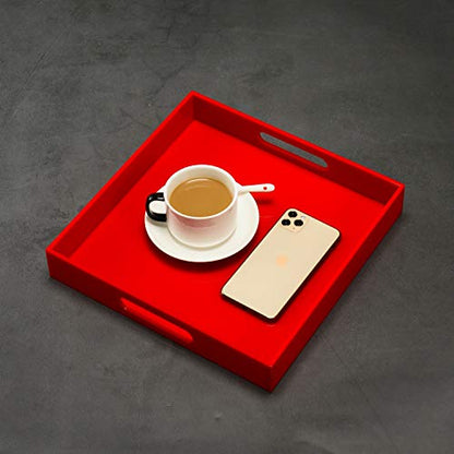 Sturdy Red Acrylic Serving Tray with Handles - 12x12 Inch - Coffee & Appetizer Platter - Kitchen Counter & Vanity Organizer - color: Glossy Red, size: 12" x 12" x 2"