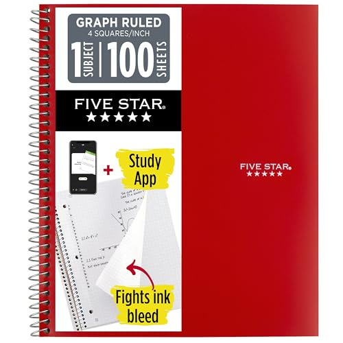 Five Star Spiral Notebook + Study App, 1 Subject, Graph Ruled Paper, 8-1/2" x 11", 100 Sheets, Fights Ink Bleed, Water Resistant Cover, Fire Red (620000D) - color: Fire Red, size: Pack of 1