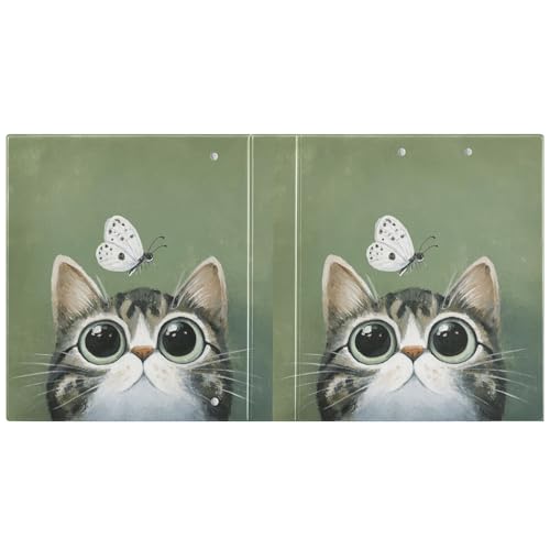 Fustylead Lovel Cat and Butterfly Sage Green 3 Ring Binder, D-Rings 1.5" Hardcover Folder, Fits 200 Sheets of A4 Paper, Durable Clipboard & Clean View with Inside Pockets for School Home Office - size: 12.4x10.63x2.36 Inch-1 Pack
