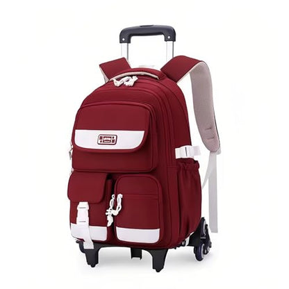 MITOWERMI Rolling Backpack for Girls Boys Backpack with Wheels, Kids Roller Trolley Bags Wheeled School Bookbag Red-6 wheels - color: 6 Wheels-red-02