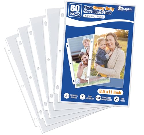 Agoer 60 Pack Heavyweight Sheet Protectors 8.5x11 Top Loading Sleeves | Letter Size,4.72Mil thick,3 Ring Binder,acid-free anti-glare polypropylene. Oil-resistant usable for docs, photos, recipes - color: Clear-60 Pack-3 Ring Binder