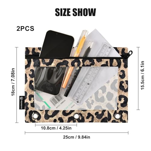 Cheetah Brown Golden Binder Pouches 3 Ring for Boys Girls School Office College Supplies Leopard Black Pencil Pouches Case Bag with Clear Window and Zipper 2 Pack - color: Leopard
