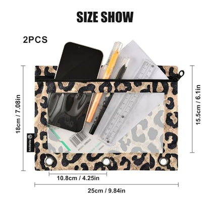 Cheetah Brown Golden Binder Pouches 3 Ring for Boys Girls School Office College Supplies Leopard Black Pencil Pouches Case Bag with Clear Window and Zipper 2 Pack - color: Leopard