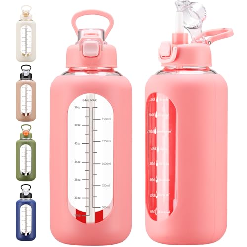 chunmo 64 oz Glass Water Bolttles with Straw Half Gallon Large Motivational Water Bottle with Time Marker Sports Water Bottles with Silicone Sleeve and Handle Lid Water Jug for Gym Workout - color: Pink, size: 64 Ounces