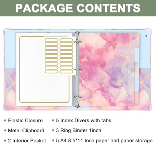 Rouidr 3 Ring Binder with clipboard, 1 inch 8.5 x 11 in Letter Size View Binders Organizer with Dividers Tabs & Clear Sleeves, School Supplies, Office Supplies - color: Cute Pink Marble, size: 1in(Letter Size)