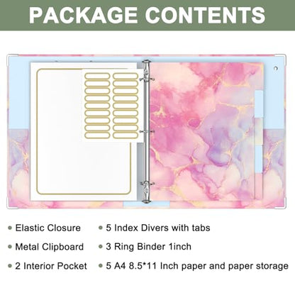 Rouidr 3 Ring Binder with clipboard, 1 inch 8.5 x 11 in Letter Size View Binders Organizer with Dividers Tabs & Clear Sleeves, School Supplies, Office Supplies - color: Cute Pink Marble, size: 1in(Letter Size)