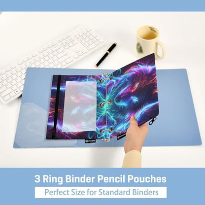 Neon Wolf Galaxy Wolves Pencil Pouch for 3 Ring Binder 2 Pack Zipper Binder Pencil Bag with Clear Window Pencil Case for Office Supplies - color: Multi71